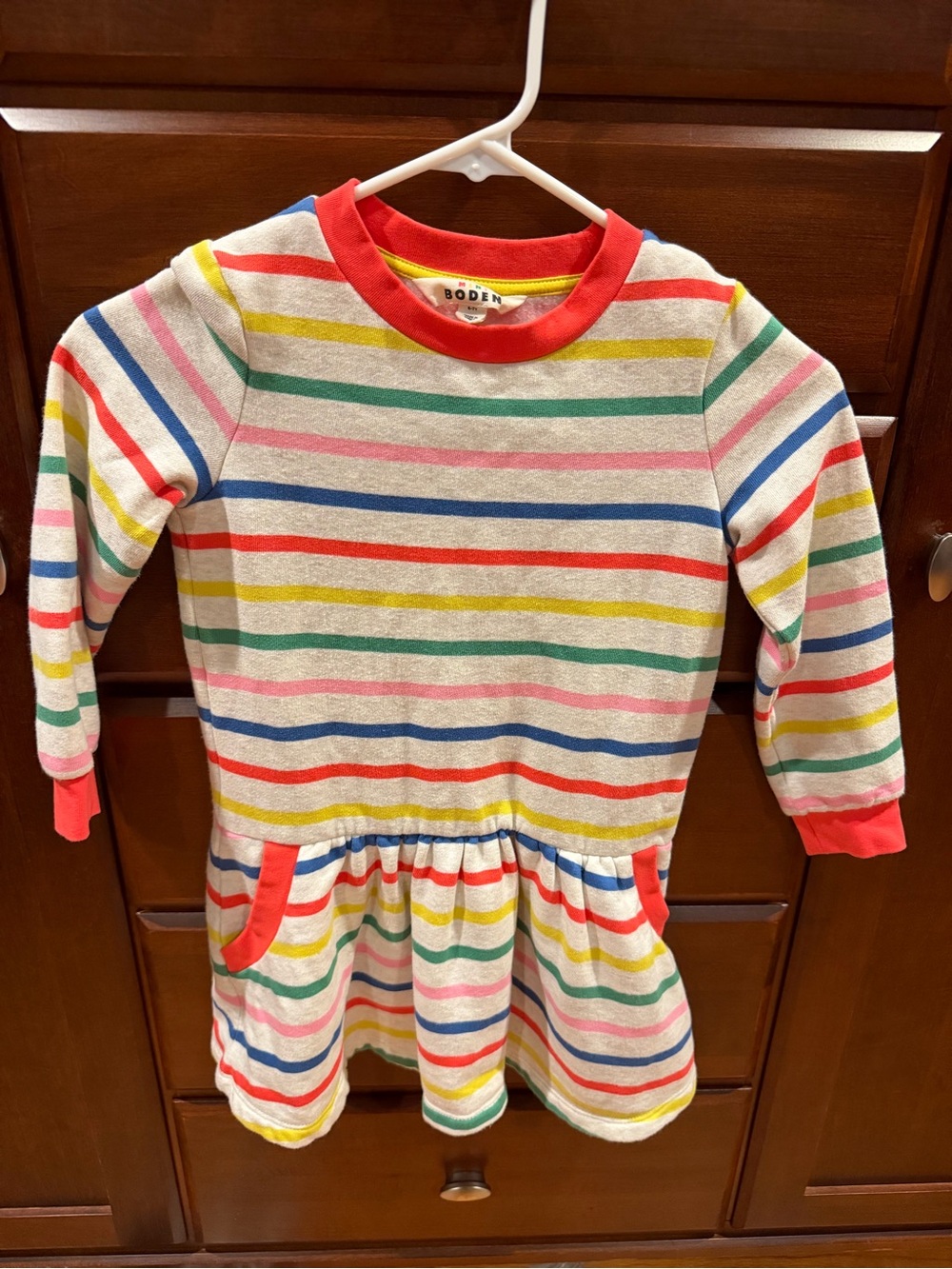 Mini Boden Multicolor Stripe Knit Dress with Red Trim